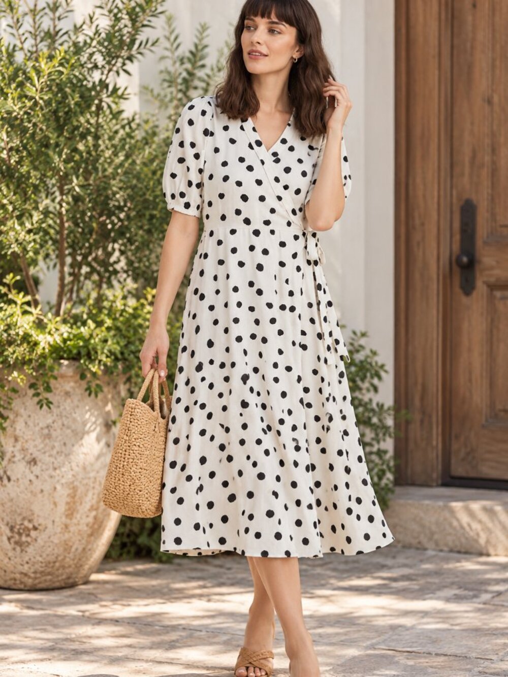 Fransa Polka Dot Crossover Midi Dress MEDIUM